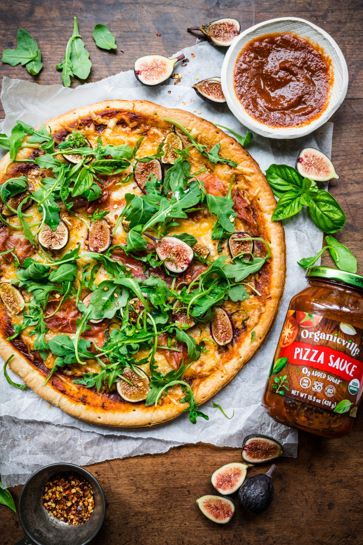 Fresh baked Arugula Fig Prosciutto Pizza