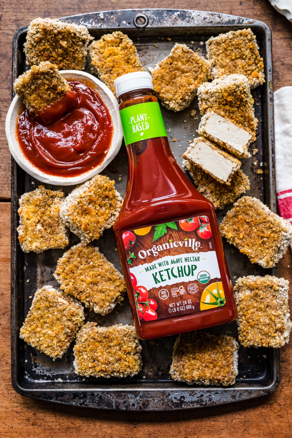 Tray of Crispy Tofu Nuggets with Organicville Ketchup