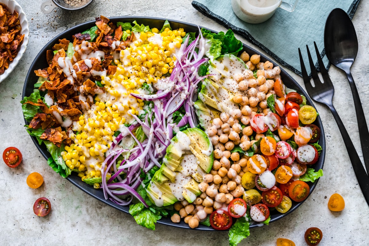 Freshly prepared Vegan Cobb Salad with Organicville Non-Dairy Ranch