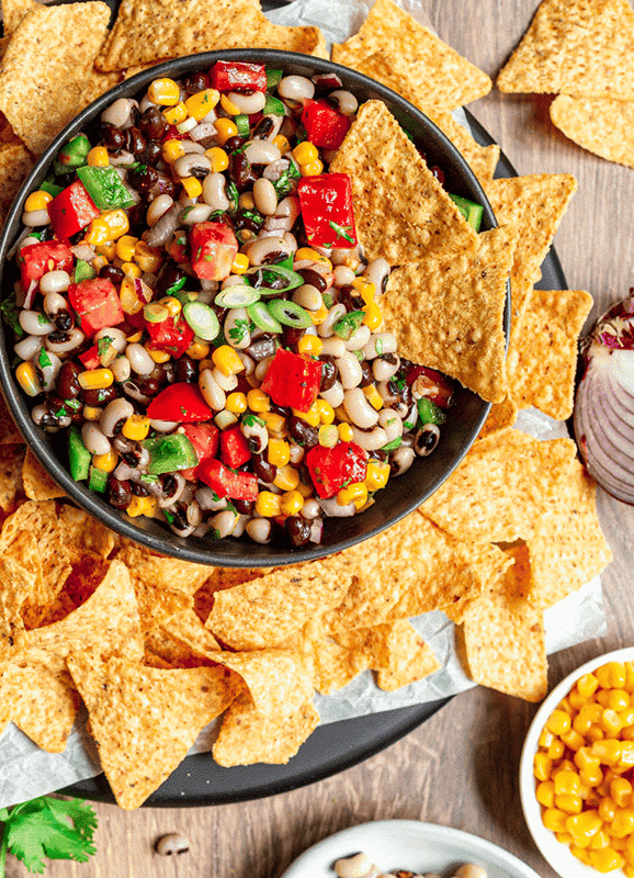 Cowboy Caviar with chips and Organicville Balsamic with Olive Oil Vinaigrette