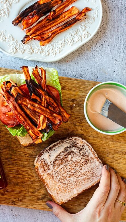 Pile the sweet and smoky "bacon" on toasted bread with lettuce, tomato and Organicville Ketchup Made with Agave for a fresh twist on the classic sandwich